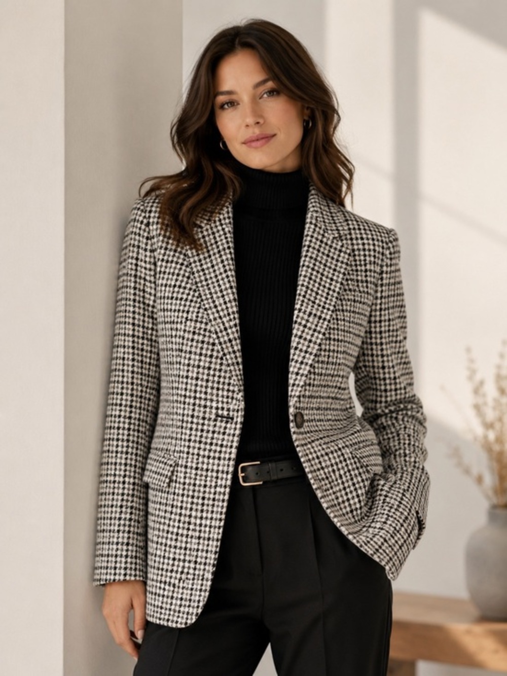Sag Harbor Black White Houndstooth Wool Blend Blazer Size 10 Old Money Academia